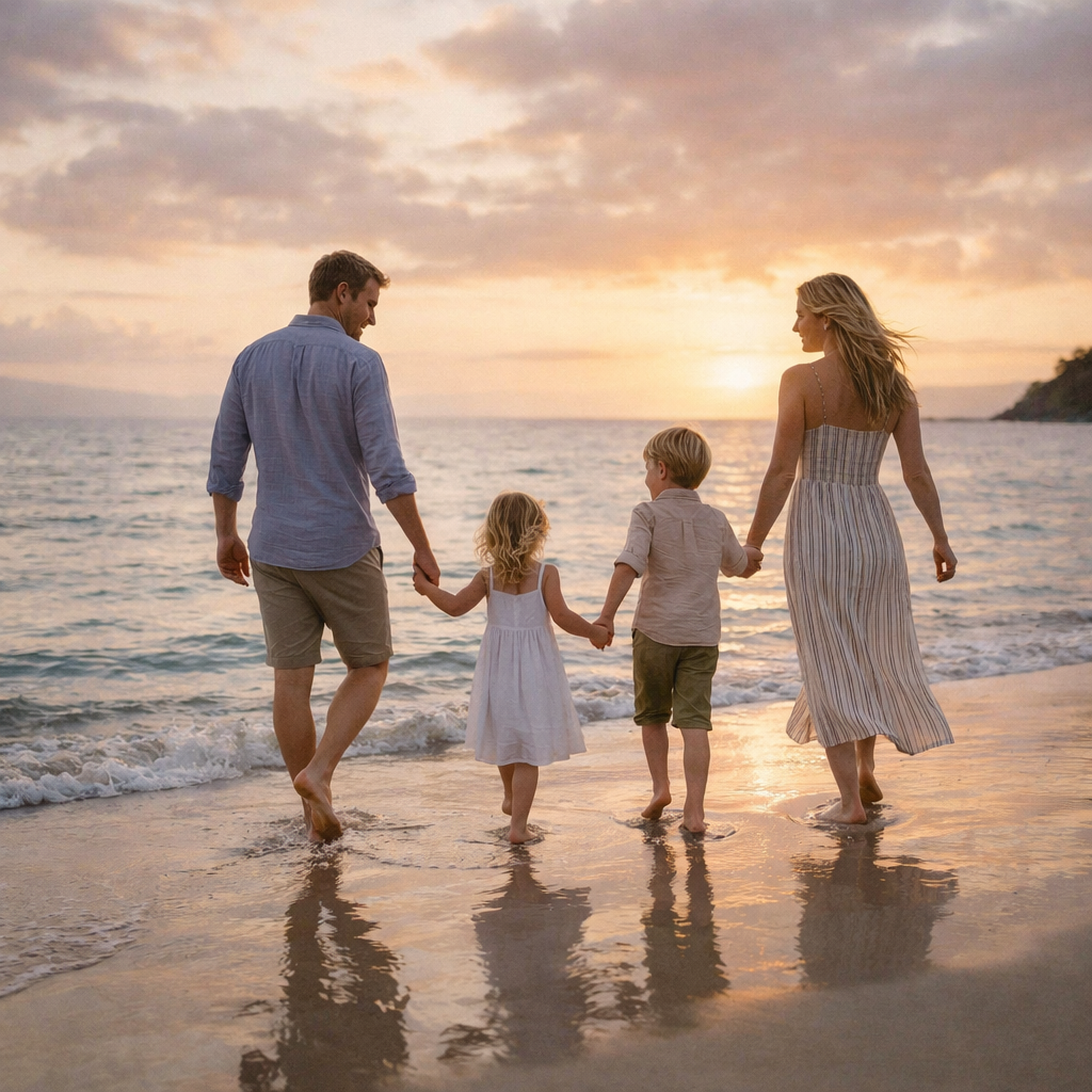 Family of four holding hands walking barefoot on the beach at sunset